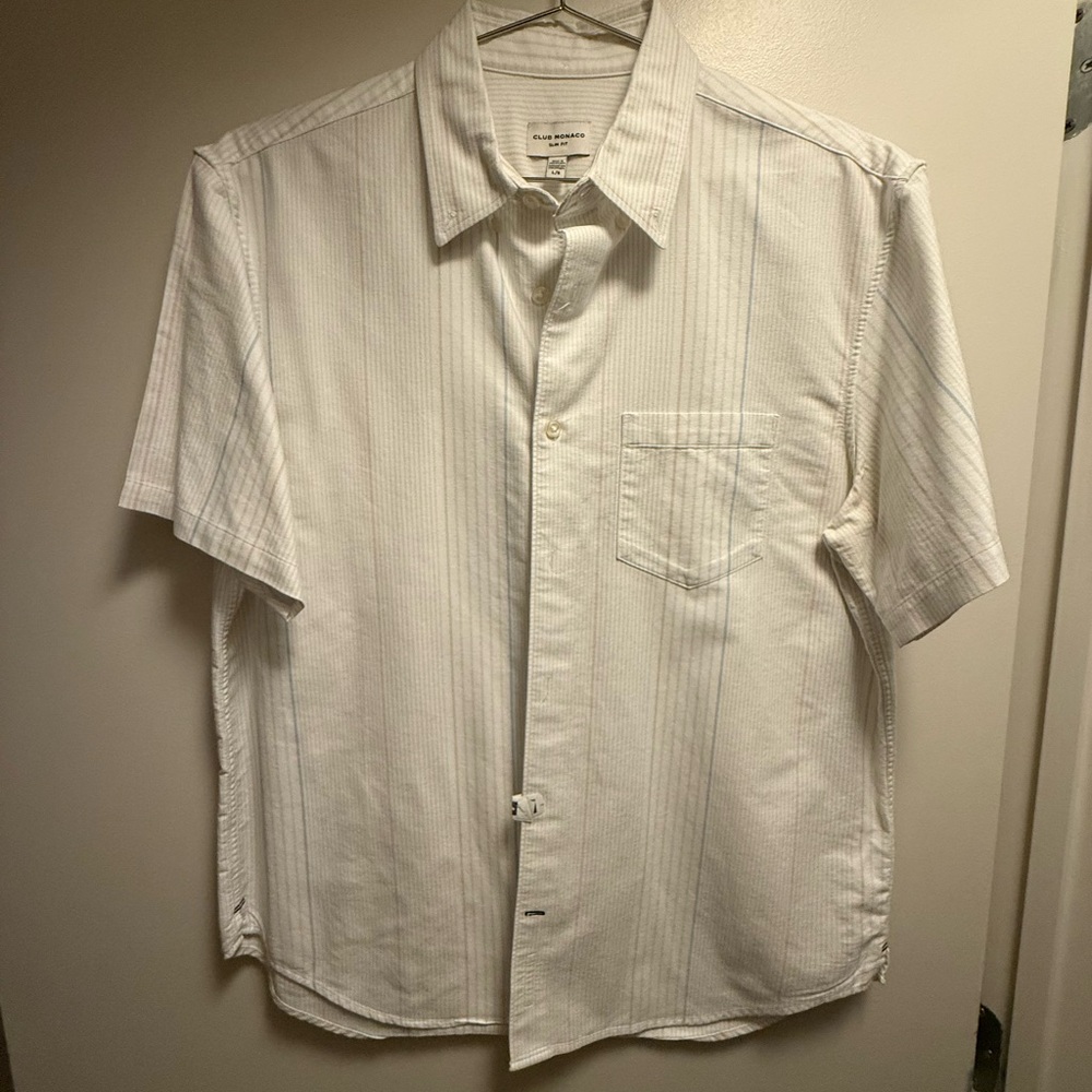 Club Monaco White Short-Sleeve Button-Down with Subtle Pinstripes